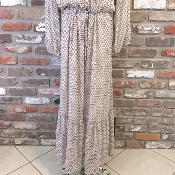 DKNY Women's Neutral Keyhole Neck Long Sleeve Peasant Tie Waist Maxi Dress XL - Picture 4 of 11